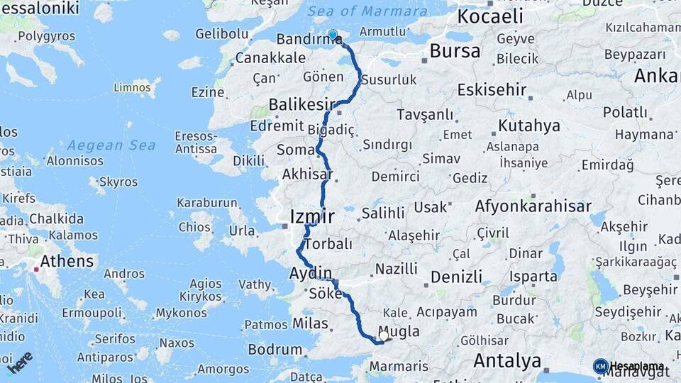 Balıkesir Erdek Muğla Arası Kaç Km - Yol Haritası