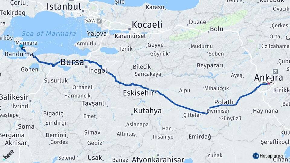 Balıkesir Erdek Narlı Ankara Arası Kaç Km - Yol Haritası