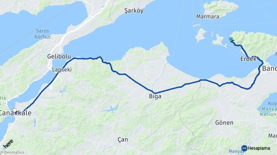 Balıkesir Erdek Narlı Çanakkale Arası Kaç Km - Yol Haritası
