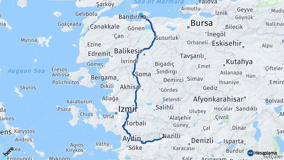 Balıkesir Erdek Nazilli Aydın Arası Kaç Km - Yol Haritası