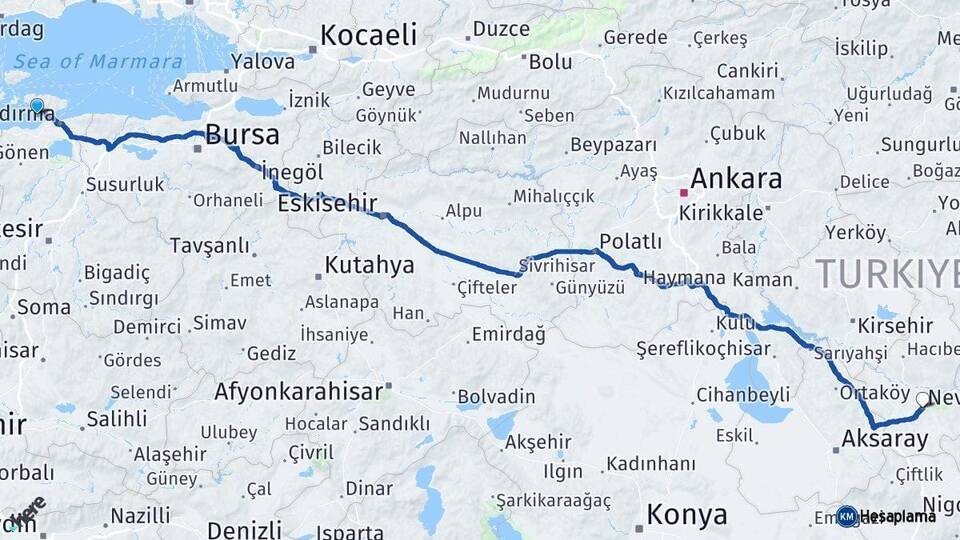 Balıkesir Erdek Nevşehir Arası Kaç Km - Yol Haritası