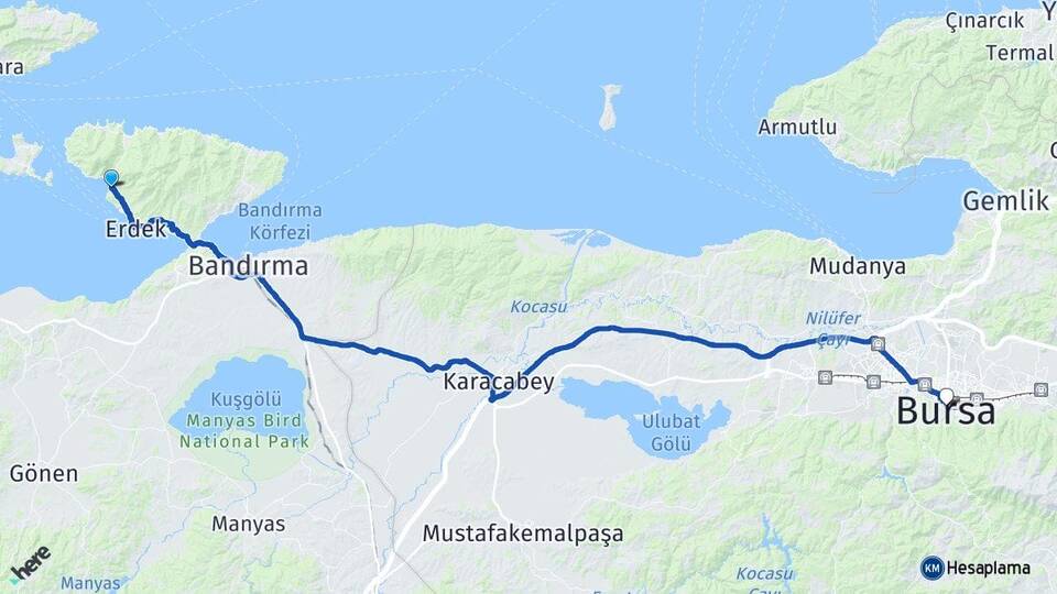 Balıkesir Erdek Ocaklar Bursa Arası Kaç Km - Yol Haritası