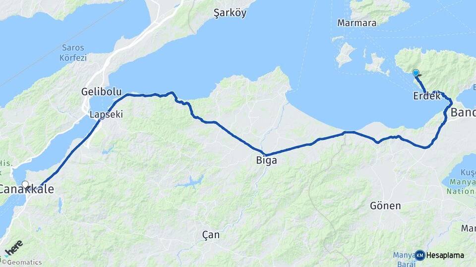 Balıkesir Erdek Ocaklar Çanakkale Arası Kaç Km - Yol Haritası