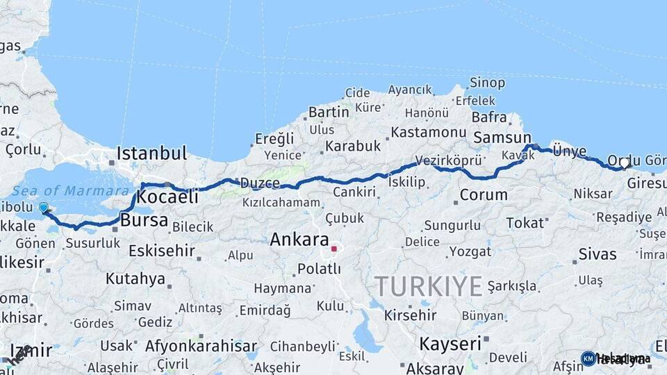 Balıkesir Erdek Ordu Arası Kaç Km - Yol Haritası