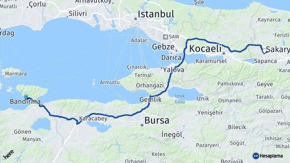 Balıkesir Erdek Sakarya Arası Kaç Km - Yol Haritası