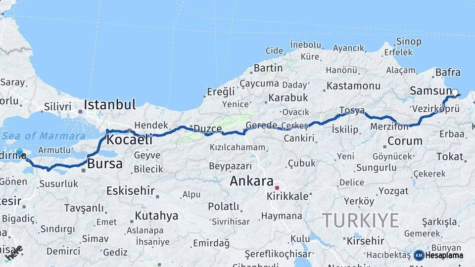 Balıkesir Erdek Samsun Arası Kaç Km - Yol Haritası