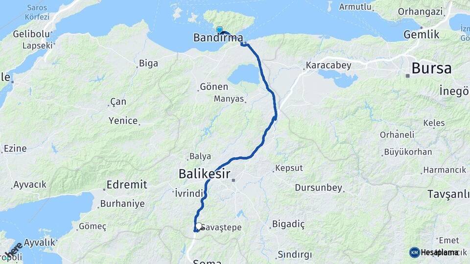 Balıkesir Erdek Savaştepe Arası Kaç Km - Yol Haritası