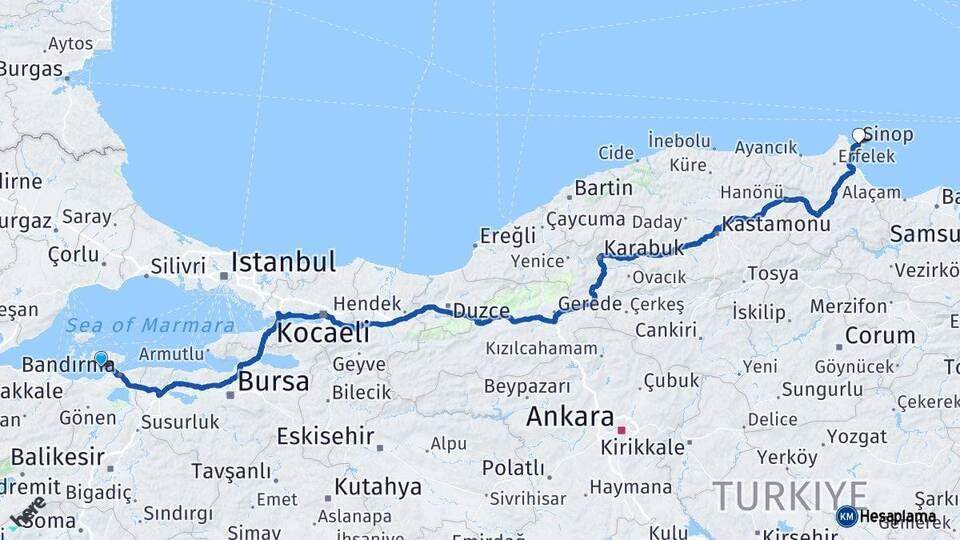 Balıkesir Erdek Sinop Arası Kaç Km - Yol Haritası