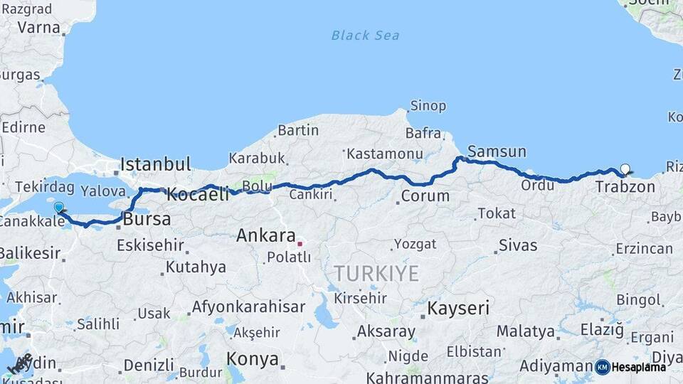 Balıkesir Erdek Trabzon Arası Kaç Km - Yol Haritası