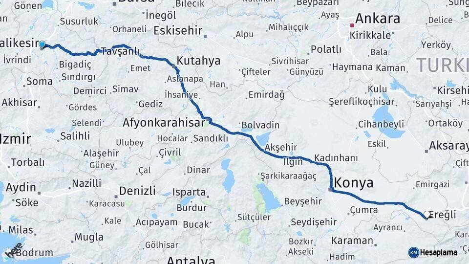 Balıkesir Ereğli Konya Arası Kaç Km - Yol Haritası
