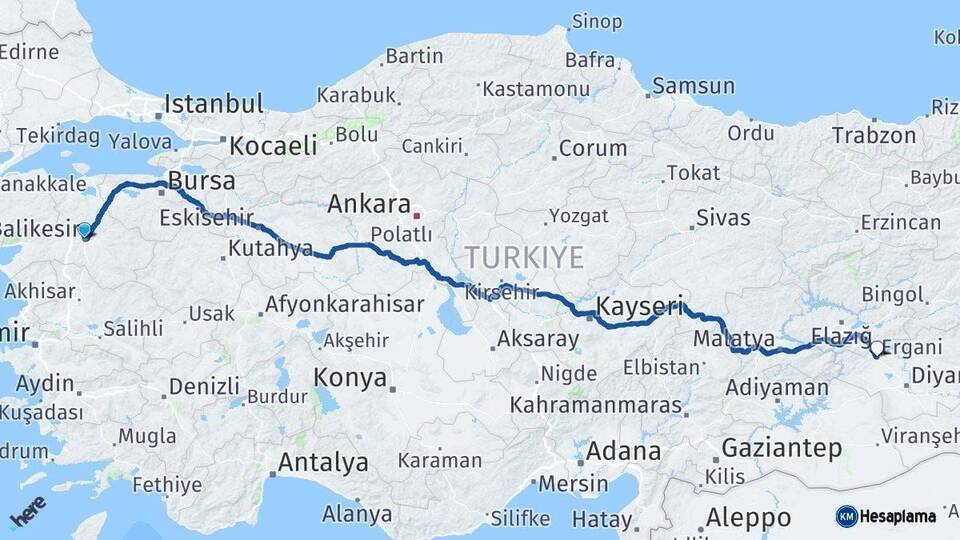 Balıkesir Ergani Diyarbakır Arası Kaç Km - Yol Haritası