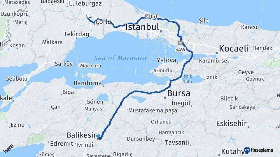 Balıkesir Ergene Tekirdağ Arası Kaç Km - Yol Haritası