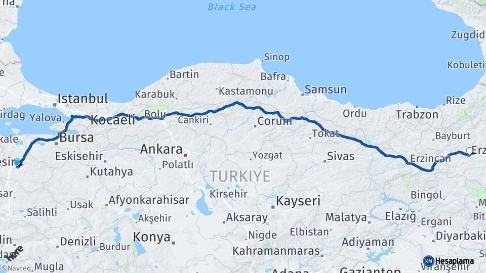 Balıkesir Erzurum Arası Kaç Km - Yol Haritası