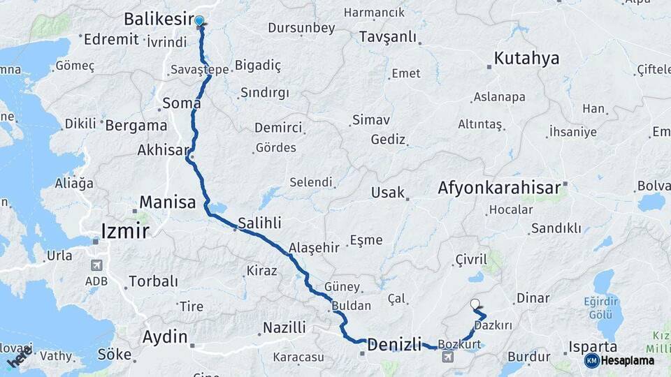 Balıkesir Evciler Afyonkarahisar Arası Kaç Km - Yol Haritası