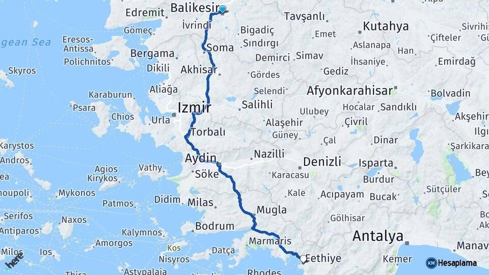 Balıkesir Fethiye Muğla Arası Kaç Km - Yol Haritası
