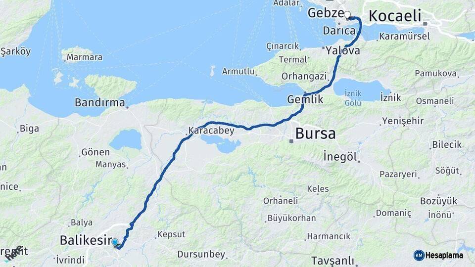 Balıkesir Gebze Kocaeli Arası Kaç Km - Yol Haritası