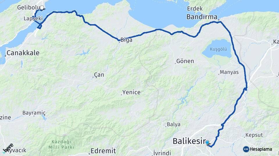 Balıkesir Gelibolu Çanakkale Arası Kaç Km - Yol Haritası
