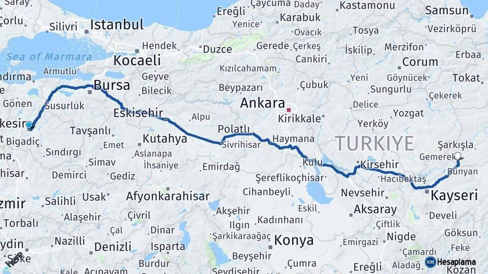 Balıkesir Gemerek Sivas Arası Kaç Km - Yol Haritası