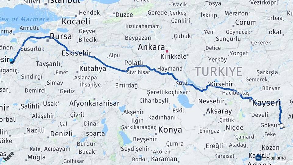 Balıkesir Göksun Kahramanmaraş Arası Kaç Km - Yol Haritası