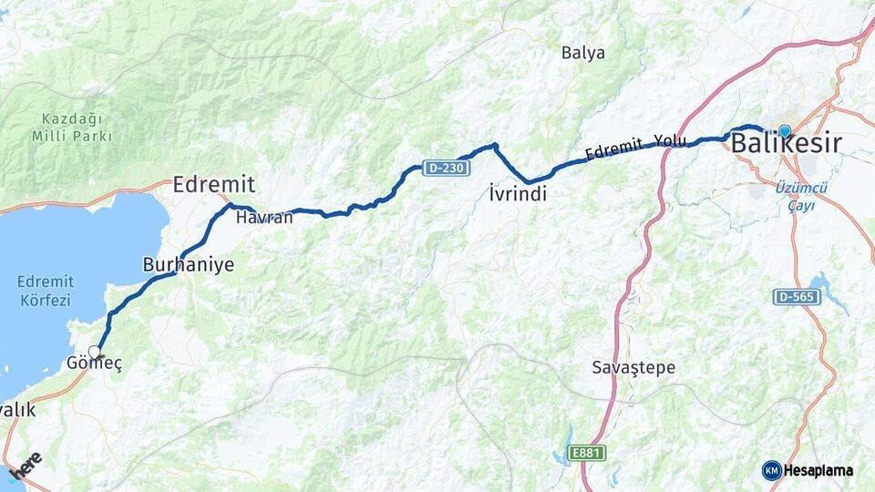 Balıkesir Gömeç Arası Kaç Km - Yol Haritası