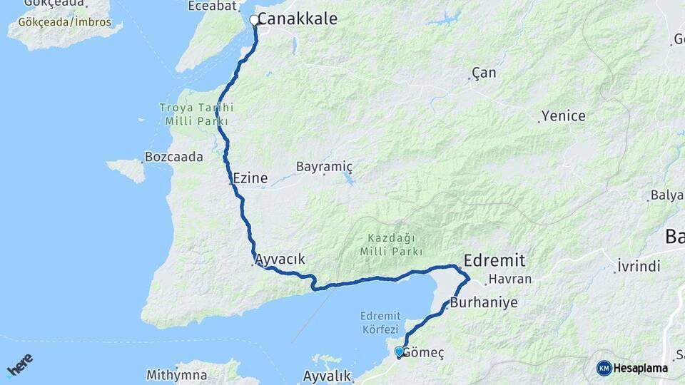 Balıkesir Gömeç Çanakkale Arası Kaç Km - Yol Haritası
