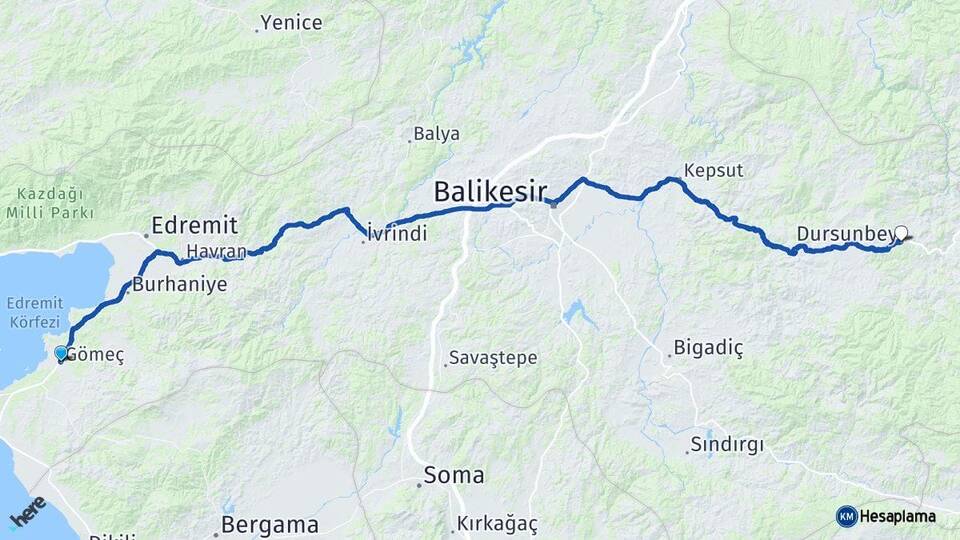 Balıkesir Gömeç Dursunbey Arası Kaç Km - Yol Haritası