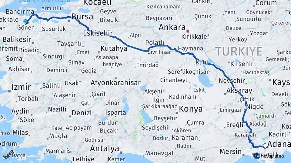 Balıkesir Gönen Adana Arası Kaç Km - Yol Haritası