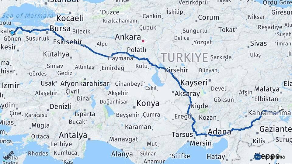 Balıkesir Gönen Adıyaman Arası Kaç Km - Yol Haritası