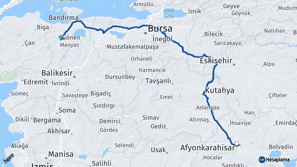 Balıkesir Gönen Afyonkarahisar Arası Kaç Km - Yol Haritası