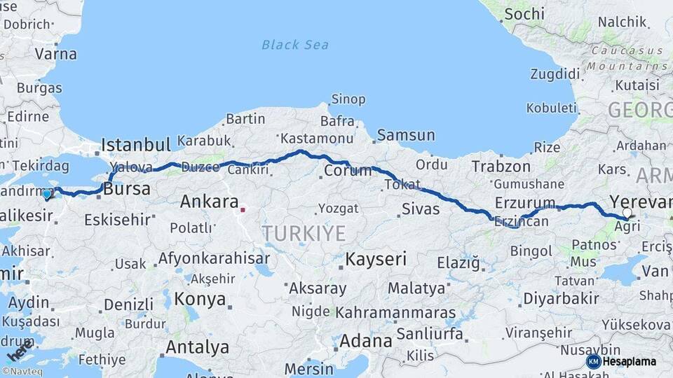 Balıkesir Gönen Ağrı Arası Kaç Km - Yol Haritası