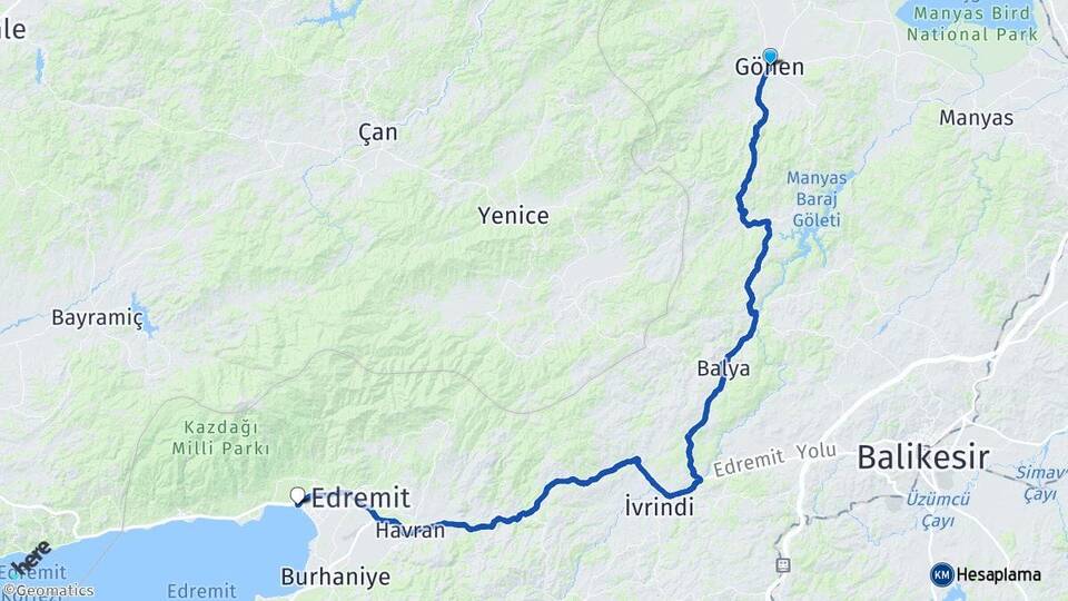 Balıkesir Gönen Akçay Edremit Arası Kaç Km - Yol Haritası