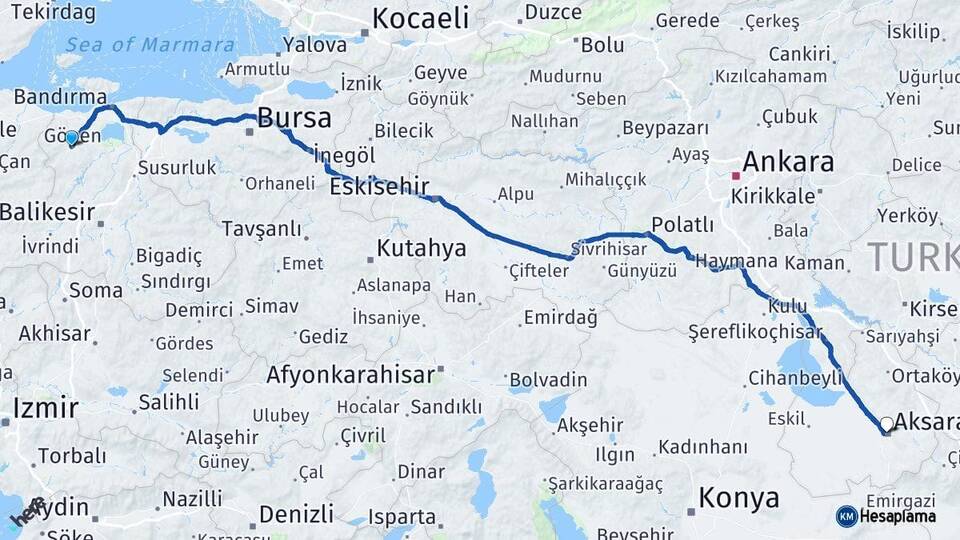 Balıkesir Gönen Aksaray Arası Kaç Km - Yol Haritası