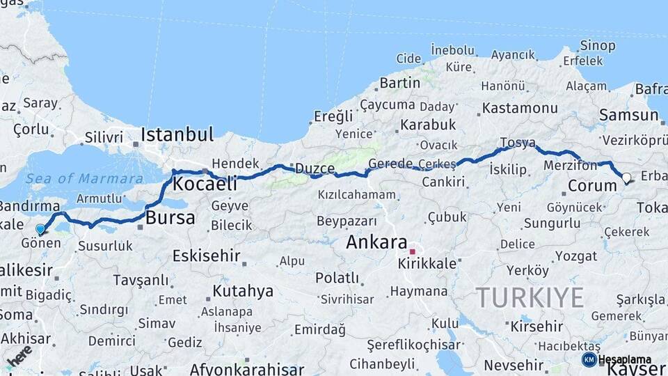 Balıkesir Gönen Amasya Arası Kaç Km - Yol Haritası