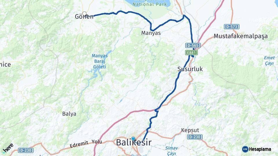 Balıkesir Gönen Arası Kaç Km - Yol Haritası
