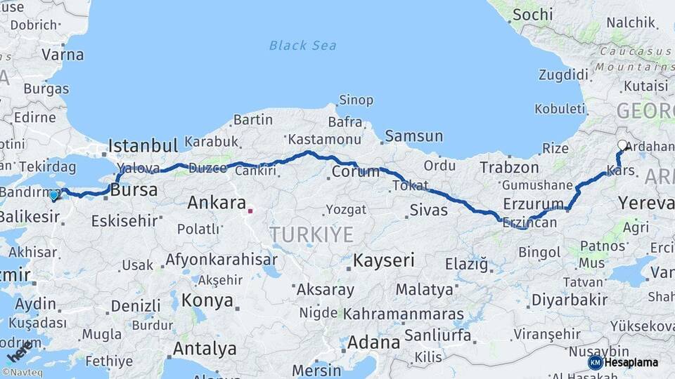 Balıkesir Gönen Ardahan Arası Kaç Km - Yol Haritası