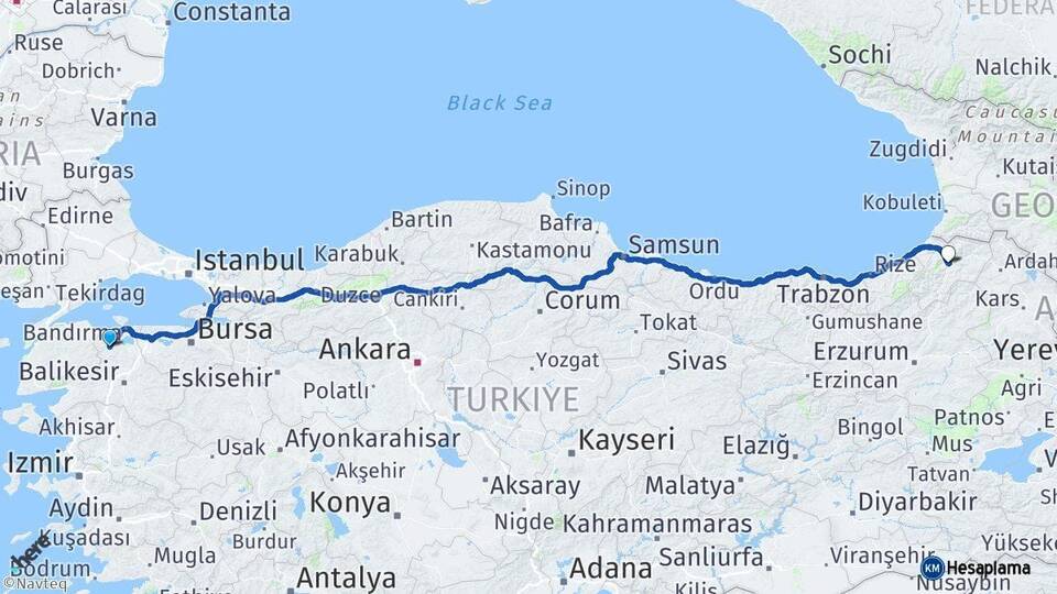 Balıkesir Gönen Artvin Arası Kaç Km - Yol Haritası