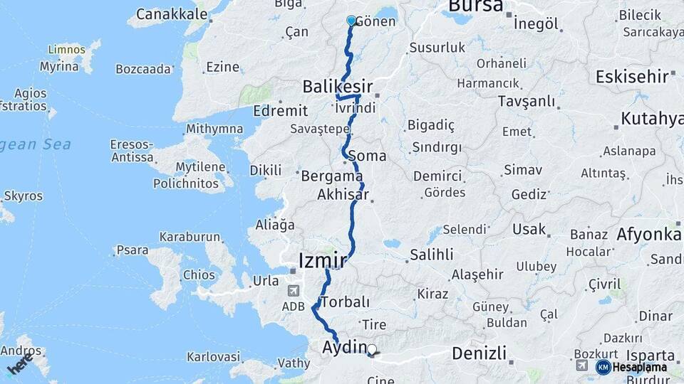 Balıkesir Gönen Aydın Arası Kaç Km - Yol Haritası