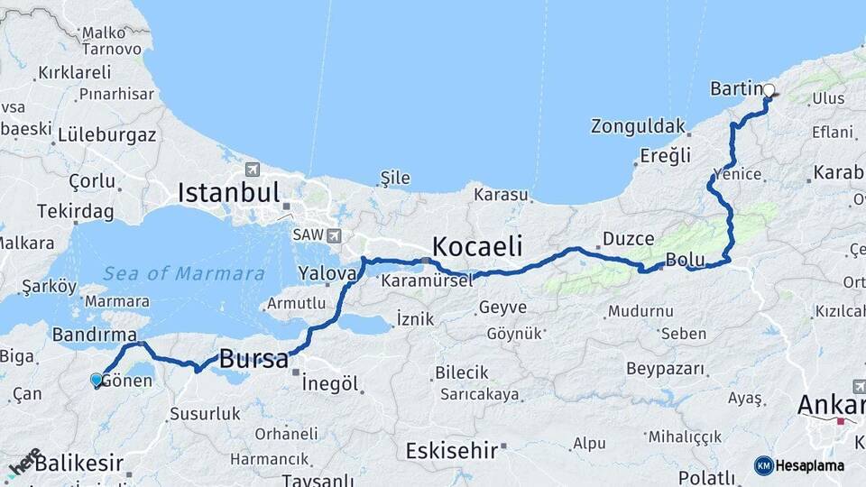 Balıkesir Gönen Bartın Arası Kaç Km - Yol Haritası