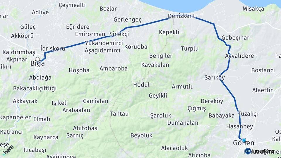 Balıkesir Gönen Biga Çanakkale Arası Kaç Km - Yol Haritası