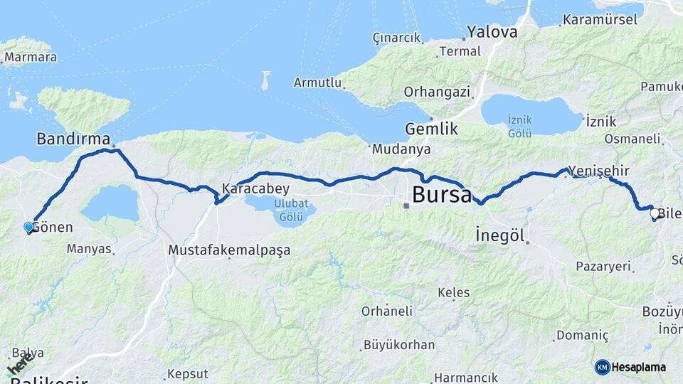 Balıkesir Gönen Bilecik Arası Kaç Km - Yol Haritası