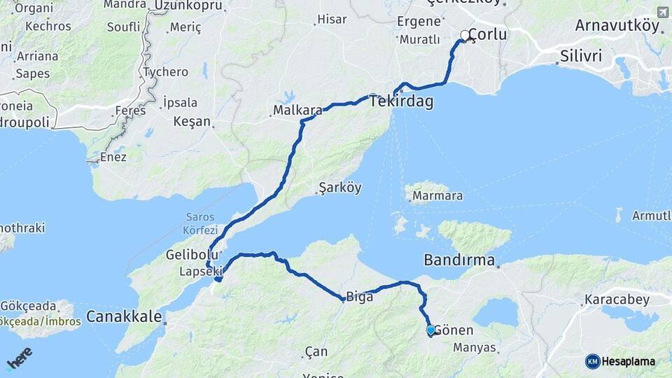 Balıkesir Gönen Çorlu Tekirdağ Arası Kaç Km - Yol Haritası