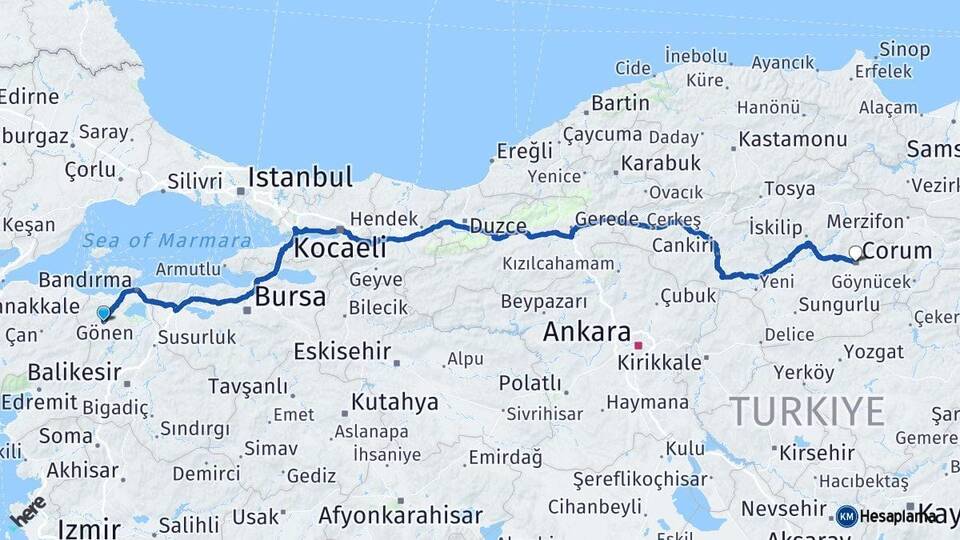 Balıkesir Gönen Çorum Arası Kaç Km - Yol Haritası