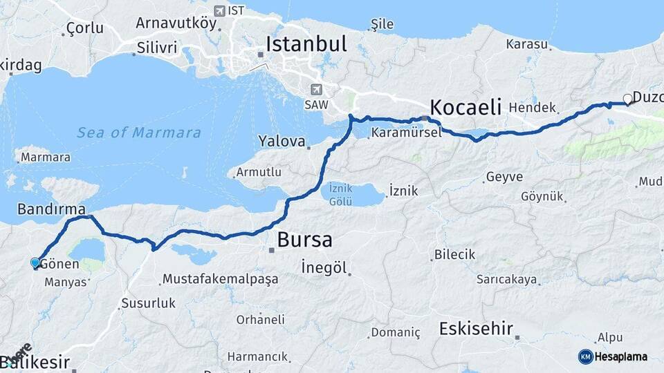 Balıkesir Gönen Düzce Arası Kaç Km - Yol Haritası