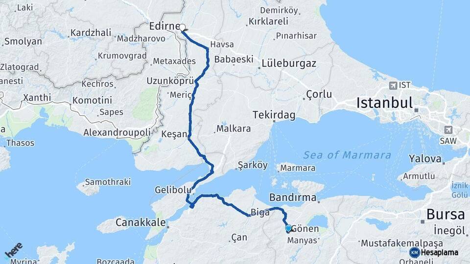 Balıkesir Gönen Edirne Arası Kaç Km - Yol Haritası