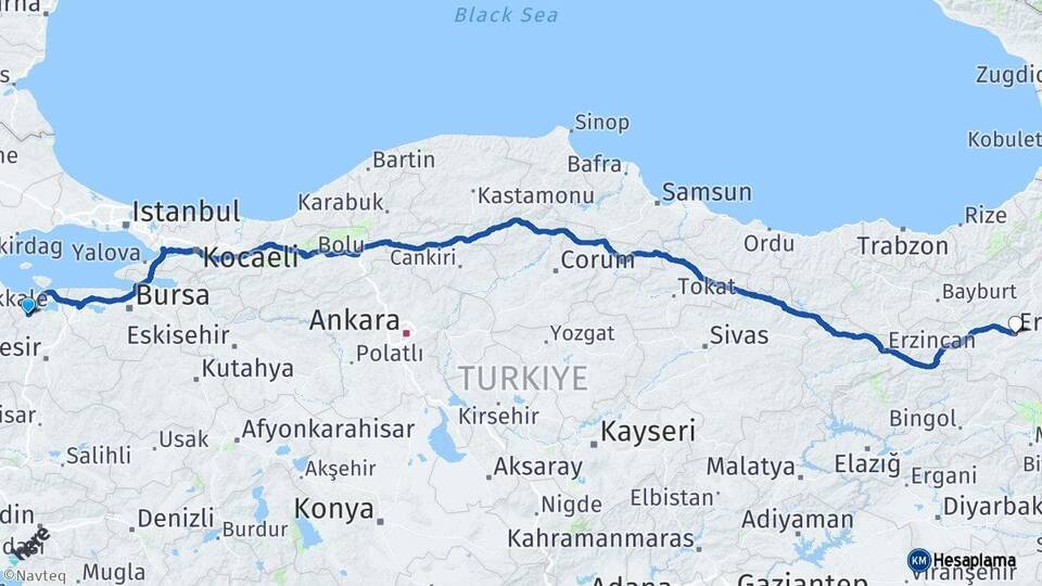 Balıkesir Gönen Erzurum Arası Kaç Km - Yol Haritası