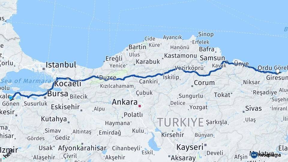 Balıkesir Gönen Giresun Arası Kaç Km - Yol Haritası