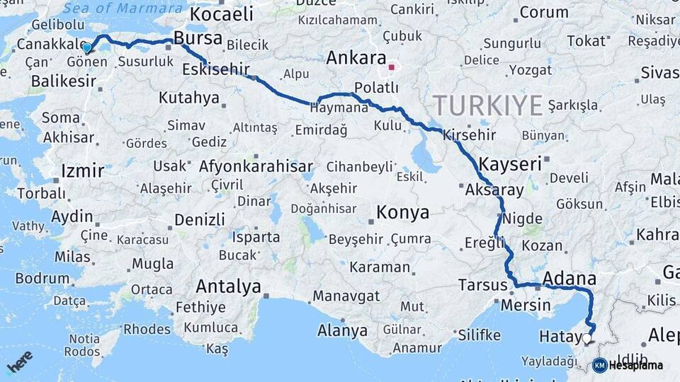 Balıkesir Gönen Hatay Arası Kaç Km - Yol Haritası