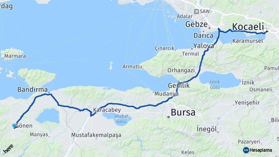 Balıkesir Gönen İzmit Kocaeli Arası Kaç Km - Yol Haritası