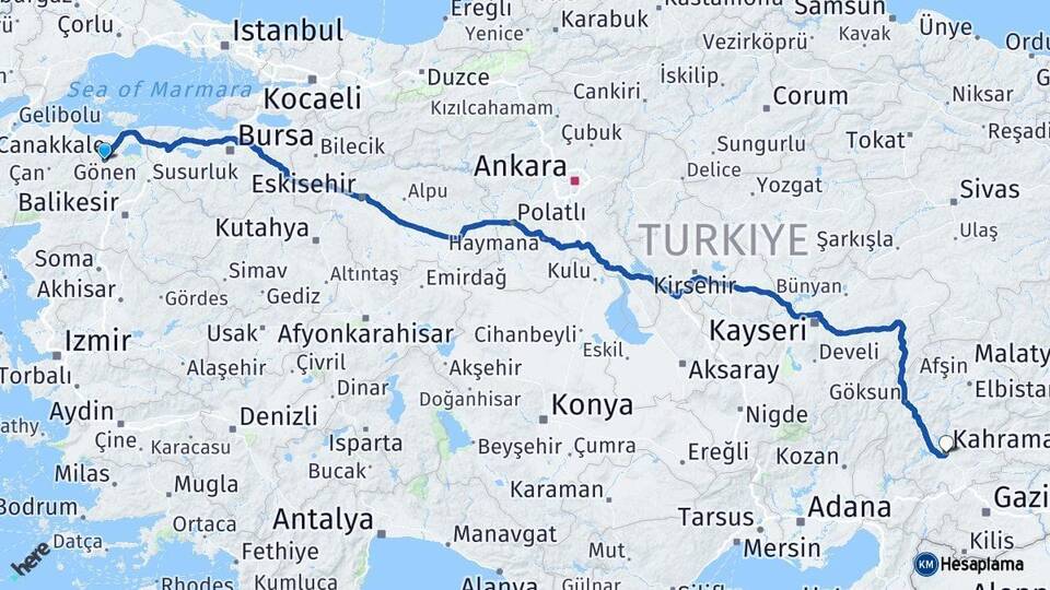 Balıkesir Gönen Kahramanmaraş Arası Kaç Km - Yol Haritası