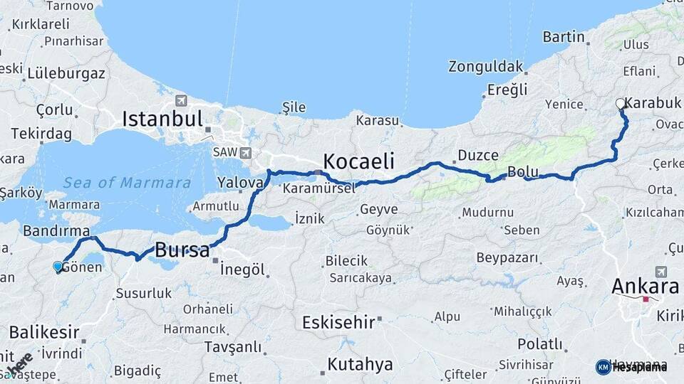 Balıkesir Gönen Karabük Arası Kaç Km - Yol Haritası
